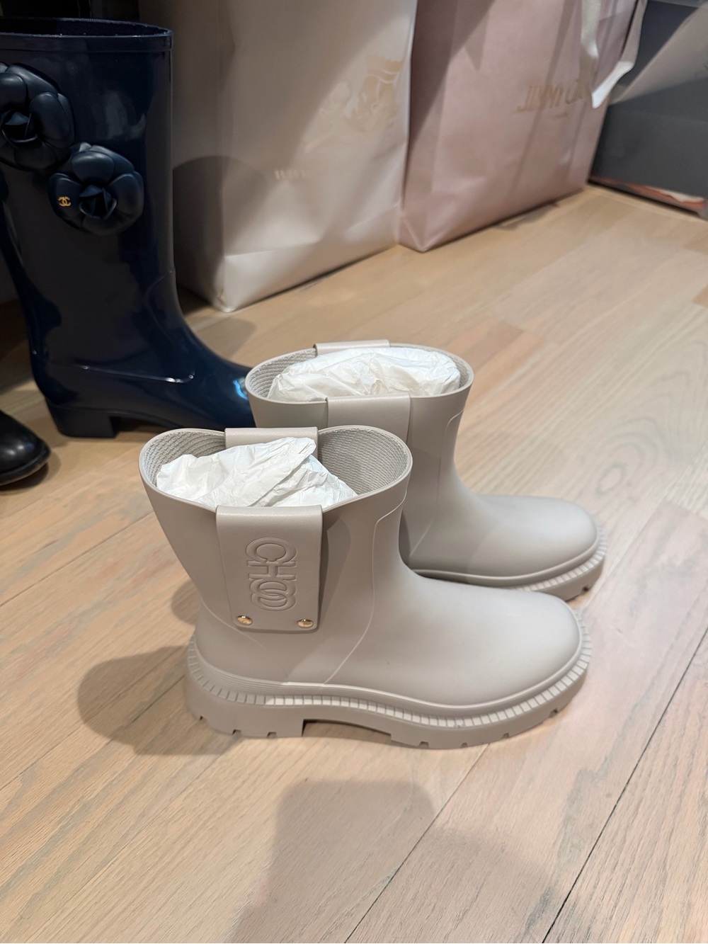 Jimmy Choo Matte Cream Ankle Rain Booties